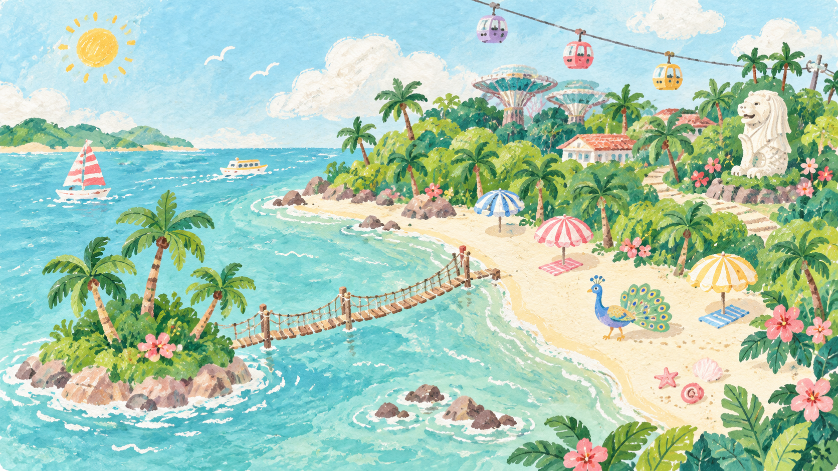 Hand-drawn tropical island with palms, turquoise water and a little suspension bridge